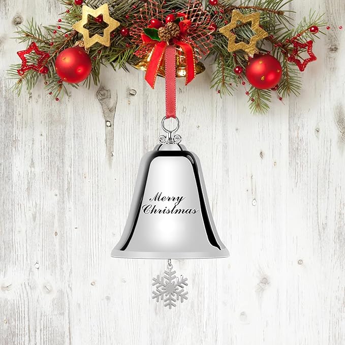 Styleonme Decorative Bells, Christmas Ornaments 2025, Engraved It's Merry Christmas 2025, Silvery Bells Decoration with Pendants Snowflakes