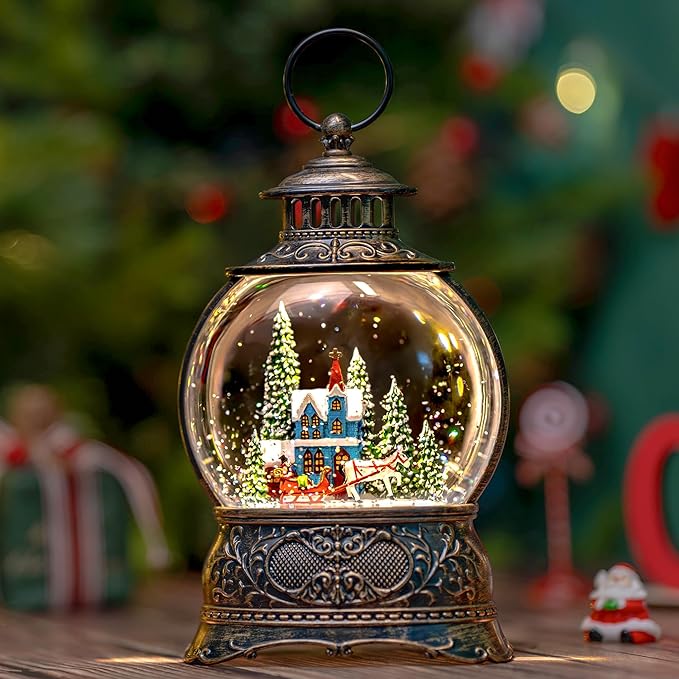 9.8" Christmas Snow Globe Water Lantern with Horse Drawn Carriage Town Scene Battery Operated or USB Powered Musical Lighted Holiday Decoration for Tabletop Display for Family and Friends