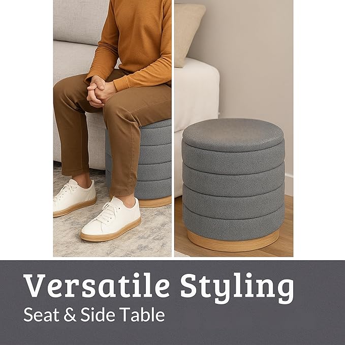 Round Ottoman with Storage โ Elegant Durable Linen Upholstered Footrest Bench for Living Room, Cylinder Vanity Stool โ Grey
