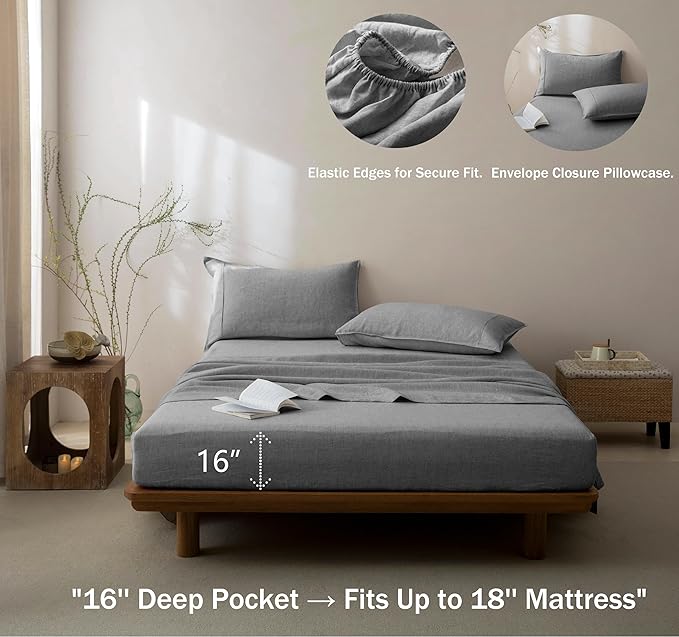 Talasily 100% French Pure Linen Sheets Set Full Size,Oeko-TEX Certified Bedding, All-Season Breathable for Hot Sleepers,16 Inch Deep Pocket Machine Washable 4-Piece (Earl Grey)