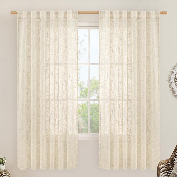 LAMIT Beige Linen Curtains 72 Inches Long 2 Panels for Living Room Faux Linen Textured Light Filtering Drapes Back Tab and Rod Pocket Boho Neutral Panels for Bedroom/Dining Room, 52 x 72 Inch