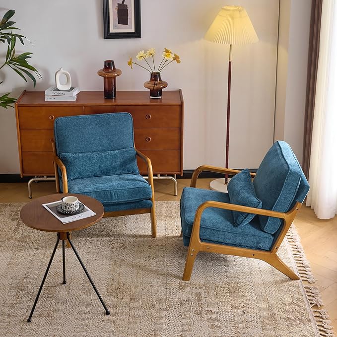 VINGLI Chenille Mid-Century Modern Accent Chair Set of 2, Cute Reading Arm Chair with Cushion & Lumbar Pillow & Solid Wood Frame for Lounge, Living Room, Reading Room, Bedroom, Blue