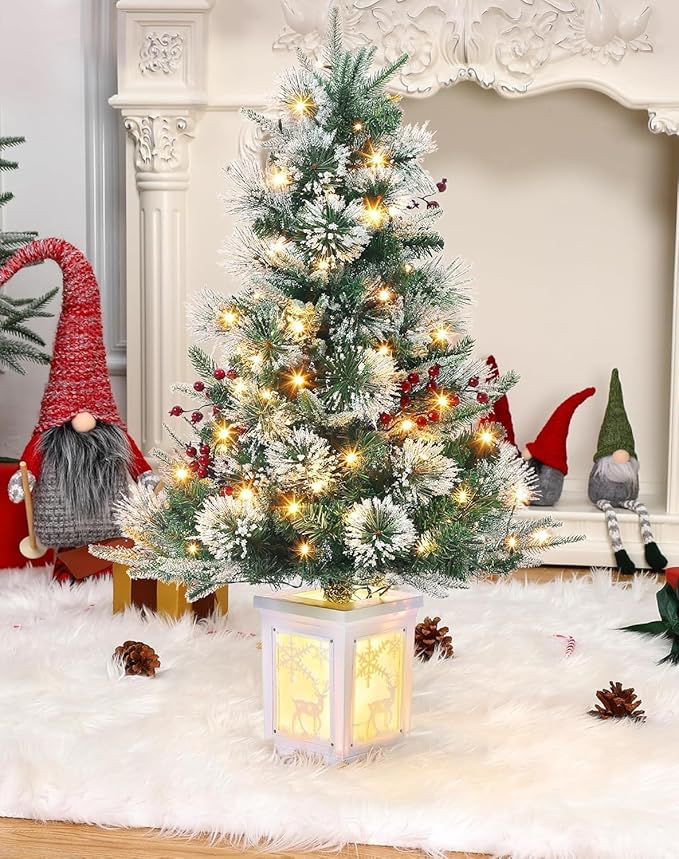 3 Ft Pre-Lit Christmas Tree, Artificial Christmas Trees with Lighting, Xmas Trees with 78 Led Lights, Christmas Decoration for Home, Office, Easy Assembly