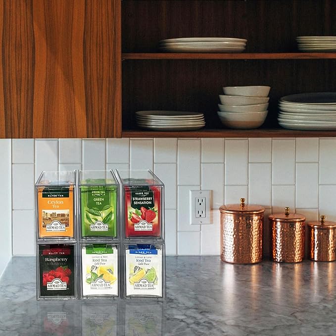 6-Pack Tea Bag Drawers Organizer - 6 Clear Plastic Drawer Tea Bag Holder; Stackable & Portable; Wider Size; Well-Organized Storage for Tea Bags Storage Chests;High Volume
