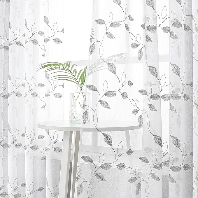 Tollpiz Grey Leaf Sheer Curtain Leaves Embroidered Bedroom Curtains Rod Pocket Voile Window Treatments for Living Room, 38 x 63 inches Long, Set of 2 Panels