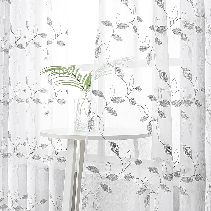 Tollpiz Grey Leaf Sheer Curtain Leaves Embroidered Living Room Short Curtains Rod Pocket Voile Window Treatment for Bedroom, 54 x 54 inches Long, Set of 2 Panels