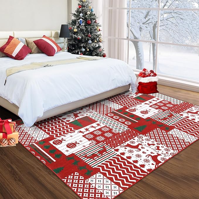 RUGSREAL 8x10 Christmas Area Rug Christmas Patchwork Pattern Floor Cover Machine Washable Indoor Carpet Rug Decorative Non Slip Accent Rug for Kitchen Bathroom Living Room Bedroom