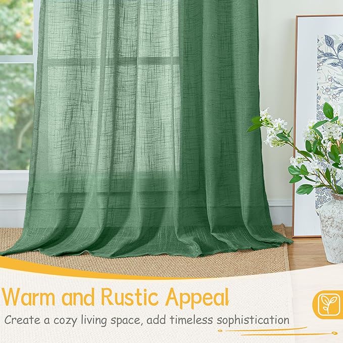 YoungsTex Green Linen Semi Sheer Curtains 63 Inch Length for Living Room Window, Light Filtering Drapes Rustic Textured with Rod Pocket Back Tab for Bedroom, 2 Panels, 42 X 63 Inch