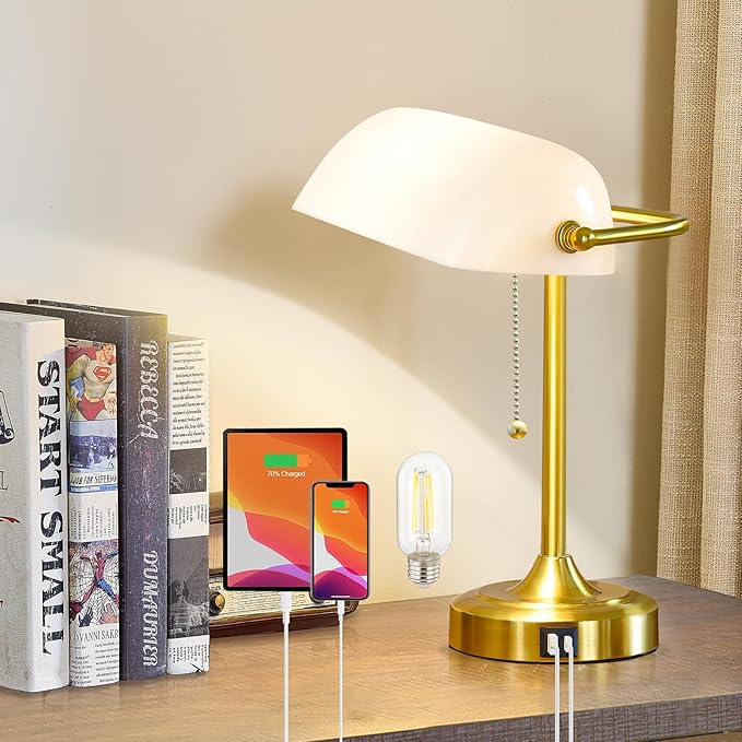 Vintage Desk Lamp Bankers Lamp - Retro Table Lamp with USB & Type C Charging Ports Traditional Pull Chain Switch Library Lamp for Home Office Nightstand Bedroom Side Table Lamp(T45 Bulb Included)