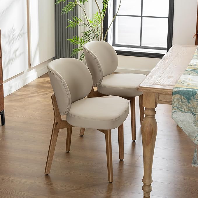YOUNIKE Dining Chair with High Back Single Mid Century Modern Kitchen Chair Faux Leather Upholstered Armless Accent Chair 20" Wide Padded Seat with Wooden Legs for Dining Living Room Bedroom Khaki