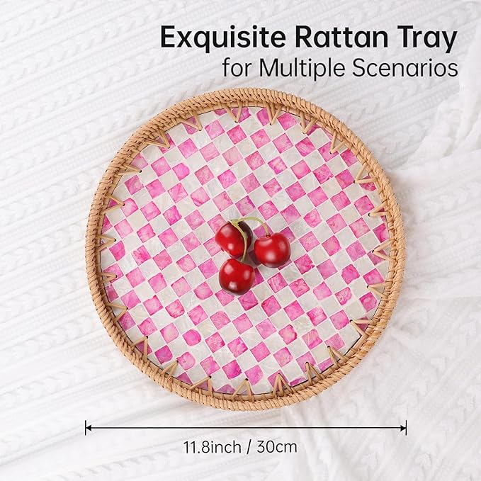 Round Rattan Tray with Mother of Pearl Inlay, Rattan Serving Tray for Coffee, Bread, Fruits, Decorative Wicker Tray for Table Decor, Home Decor, Kitchen Island Decor(Pink Checkerboard, 11.8")