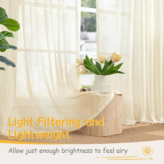 YoungsTex Beige Linen Semi Sheer Curtains 40 Inch Length for Kitchen Window, Short Drapes Textured Light Filtering with Rod Pocket Back Tab for Cafe Bathroom Bedroom, 2 Panels, 42 X 40 Inch