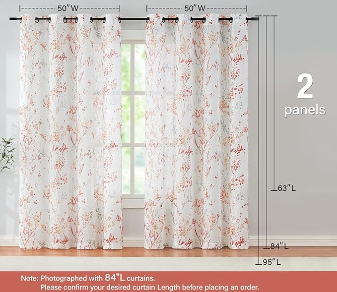 Branch Sheer White Curtains 96inch Long Red Tree Branch Semi Sheer Curtains Panels for Living Room Bedroom Linen Look Multicolor Pattern Textured Window Drapes for Kitchen Grommet Top 2pcs