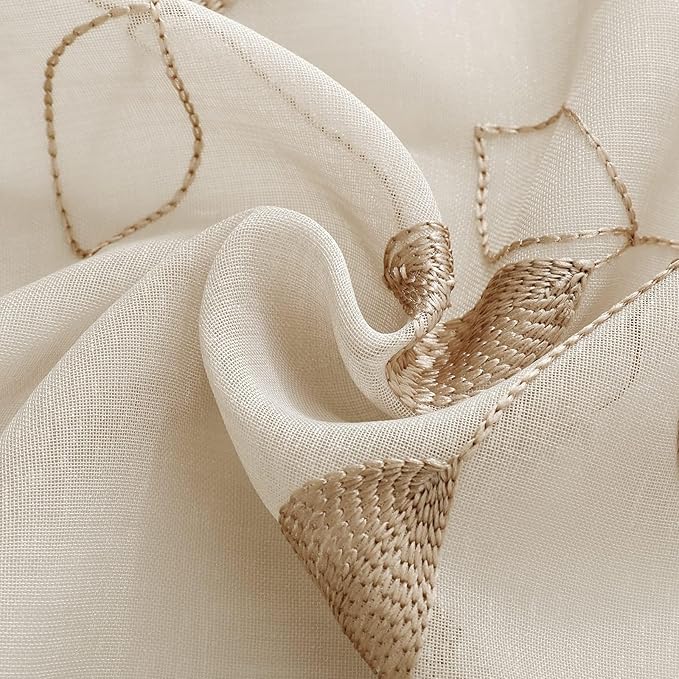 HOMEIDEAS Taupe Sheer Kitchen Curtains 30 X 24 Inch Length 2 Panels Beige Embroidered Leaf Pattern Short Curtains for Small Window Valance Tiers