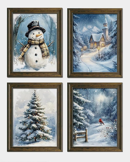 Wheatwin Winter Wonderland Vintage Christmas Wall Art Prints Set of 4, Blue Christmas Tree Snowman Wall Decor, Winter Xmas Decor for Bathroom Home Bedroom Living Room, 12x16 (Unframed)