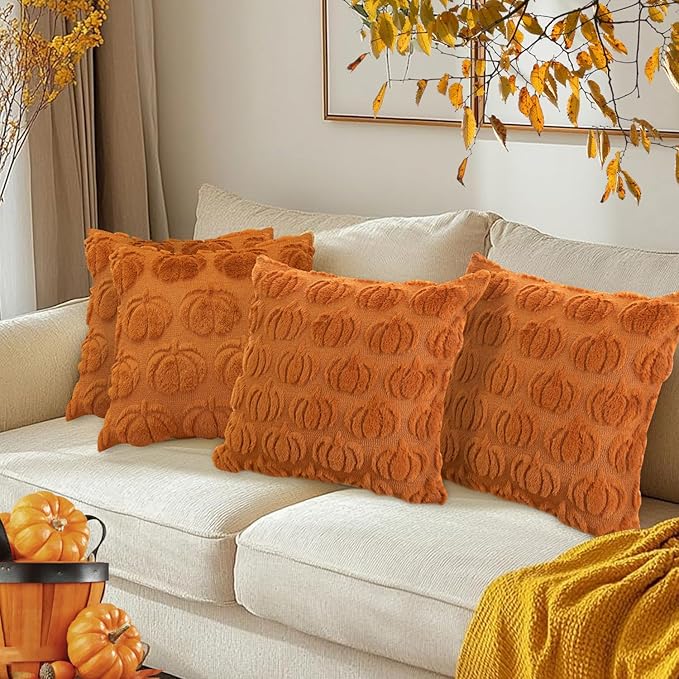 Pumpkin Fall Decorative Throw Pillow Covers 18"x18", Set of 2 Orange Soft Faux Fur Pillow Covers for Autumn Harvest, Fluffy Plush Accent Pillow Cases for Farmhouse Couch Cushion Covers