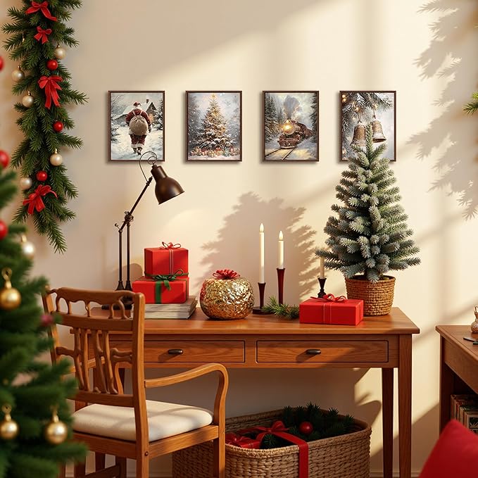 DOFQZ Winter Christmas Wall Art Prints Set of 4, Christmas Home Room Decor, Winter Snowy Xmas Train Santa Bell Pine Tree Posters for Home Bedroom Living Room Decor, 8x10 Unframed