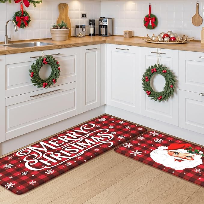Christmas Kitchen Mats Cushioned Anti Fatigue, Santa Claus Farmhouse Kitchen Floor Mat Non Slip Kitchen Rugs Sets of 2, Buffalo Plaid Kitchen Sink Mats for Home Decor(Red & Black)