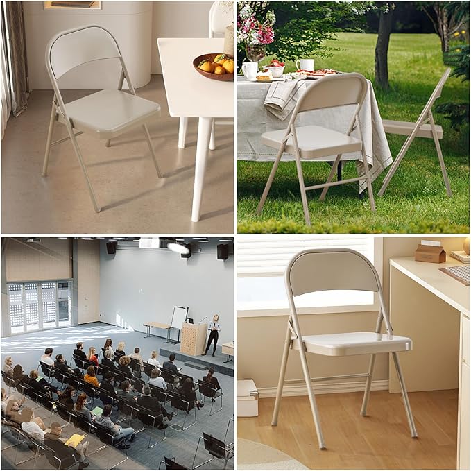KAIHAOWIN Metal Folding Chair- Set of 4 All Steel Foldable Chairs Space Saving &Heavy Duty for Meeting Office Wedding Party Events-Beige