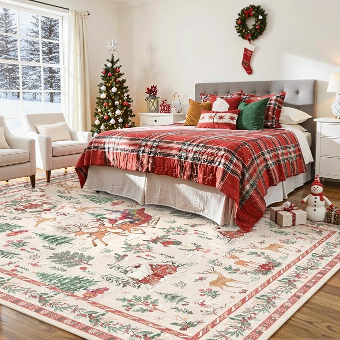 Lahome Christmas 8x10 Living Room Area Rug, Soft Christmas Tree Large Washable Rug for Bedroom, Non Slip Low Pile Indoor Floor Carpet for Home Office Xmas Holiday Decor, Beige