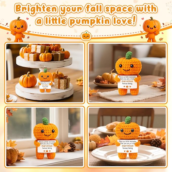 Mini Pumpkin Man Halloween Decor Indoor Gifts, Halloween Basket Gifts for Women Teen Girl Boy Kid, Spooky Boo Basket Stuffers, Fall Thanksgiving Decorations for Home, Handmade Crochet Pumpkin Decor