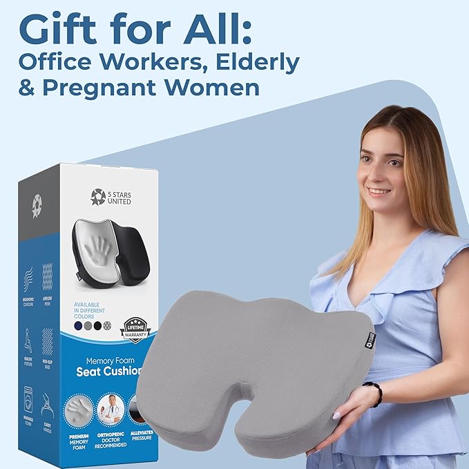 5 STARS UNITED Seat Cushion for Tailbone Pain Relief โ Memory Foam Cushion for Coccyx, Hip, Hemorrhoid, Sciatica & Post-Surgery Recovery โ Wheelchair, Car, Desk, Gaming & Office Chairs, L Gray