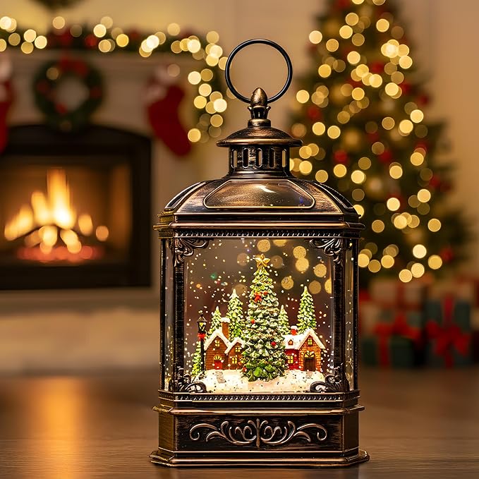 Christmas Village Snow Globe Lantern Musical Lighted Village House Water Lantern in Swirling Glitter, Christmas Home Decoration and Gift, Battery Operated or USB Powered