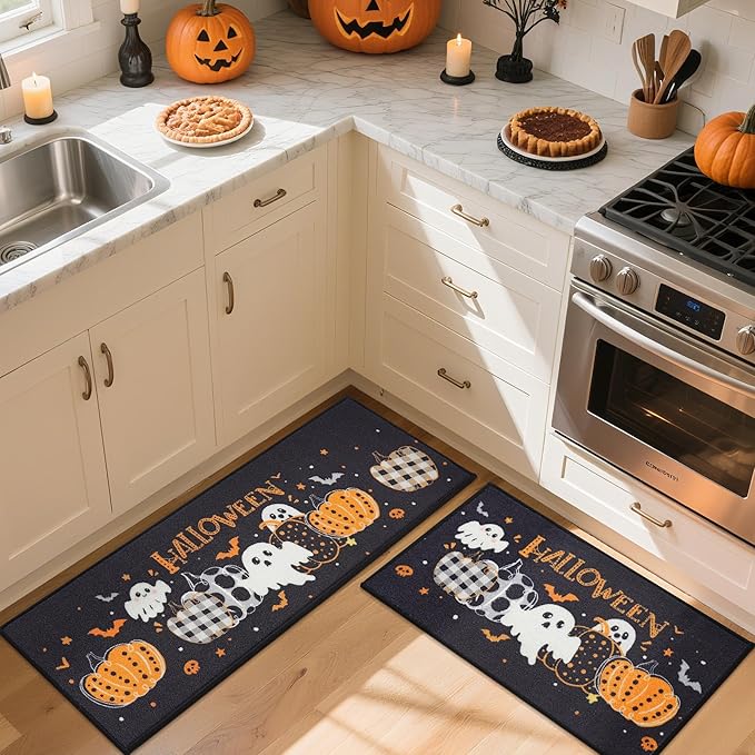 JSEI Halloween Holiday Kitchen Mats for Floor, Non-Slip Ghost and Pumpkins Decorative Kitchen Rugs Set of 2, Home Decor Low-Profile Kitchen Runner Rug Washable, 17"x30"+17"x48", Pumpkins Party Pattern