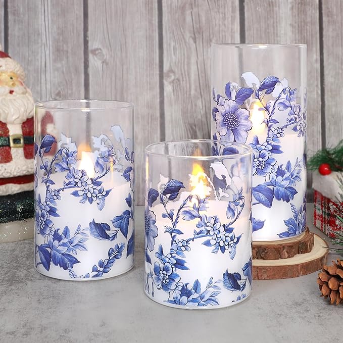 Flameless Candles Glass with Remote Control & Timer Function, Blue and White Porcelain Theme Design, Home Party Wedding Christmas Summer Decor, Set of 3