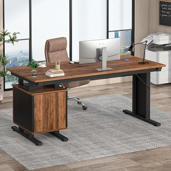 63 Inch Executive Computer Desk with Drawers, Large Office Desk with Storage, Industrial Writing Desk with File Drawer for Home Office, Brown