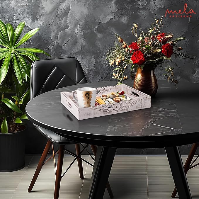 Mela Artisans Distressed White Wooden Decorative Tray with Handles | 16x12x2.5 Mango Wood Ottoman Tray | for Kitchen Countertop | Coffee Table | Snacks | Desserts | Breads | Bedroom Decor