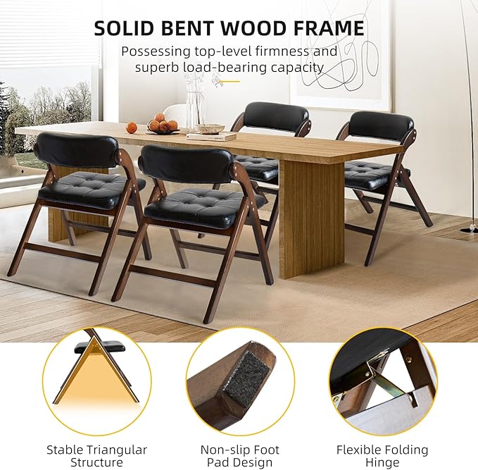 2 Pack Wooden Folding Chair with Padded Seat, Stackable Wooden Foldable Chair, Folding Chairs with Cushion for Guests Kitchen, Bedroom, Office, Wedding, Library, Party, Picnic (Walnut Black)