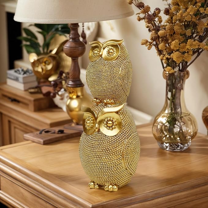 Stack Owl Statue for Home Decor, Elegant Resin Owl Figurine Collection, Unique Gift for Housewarming/Office/Christmas (9.3", Gold Glitter)