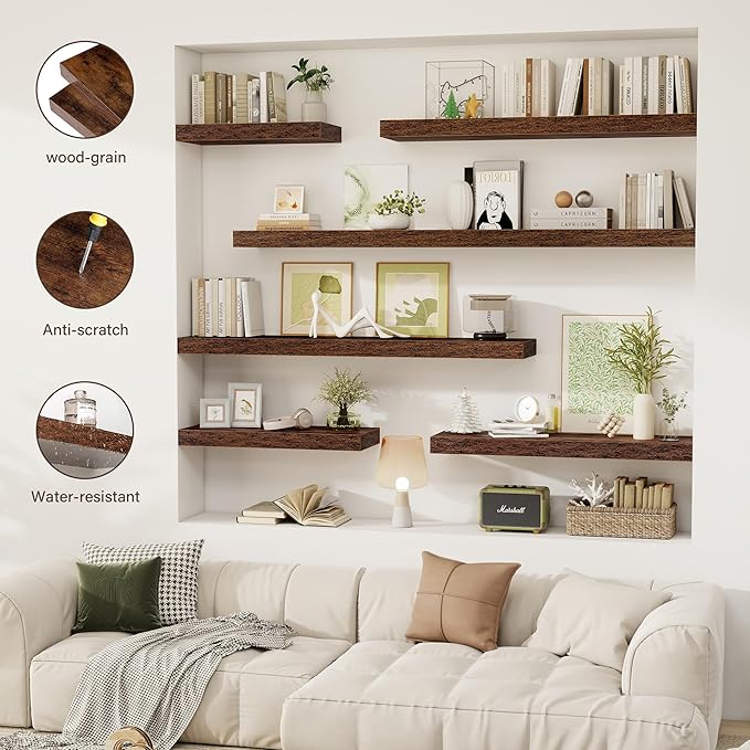 24 Inch Floating Shelves, 12" Deep Floating Shelf Wall Mounted, 24" Wall Shelves, Rustic Deep Bookshelf, Extra Deeper & Thicker Display Shelves for Bedroom, Living Room, Brown, Set of 2