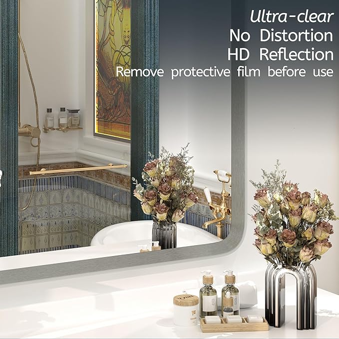 OKPAL 44 x 32 Brushed Nickel Bathroom Vanity Mirror, Large Rounded Rectangle Bathroom Mirrors for Over Sink, Metal Framed Silver Mirror for Wall, Shatterproof HD Tempered Glass(Horizontal/Vertical)