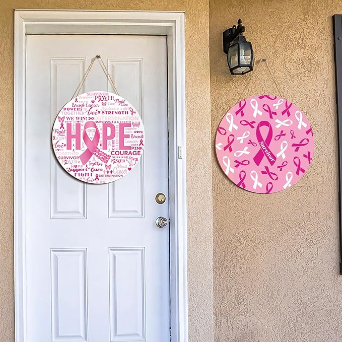 3 Pcs Breast Cancer Awareness Decoration Pink Ribbon Front Door Decor Signs Faith Hope Love Wooden Wreath Breast Cancer Awareness Door Hanger for Farmhouse Home Office Decor