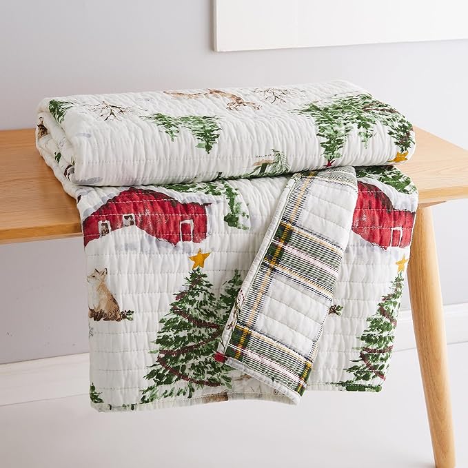 Levtex Home - Tatum Pines Throw - Christmas Cabin - Red, Green, Brown and White - Holiday Quilted Throw Size 50x60in. - Cotton