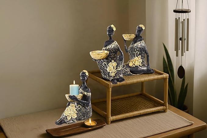 African Lady Candle Holder Set of 3 – Resin Figurines with Gold Bowls for Tea Light or Small Pillar Candles – Decorative African Women Statues for Home, Shelf, or Table Centerpiece
