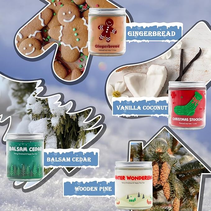 Christmas Candles - Christmas Gifts for Women & Men, 4 Pack Natural Soy Wax with Holiday Scents, Perfect for Xmas, New Year, and Winter Décor