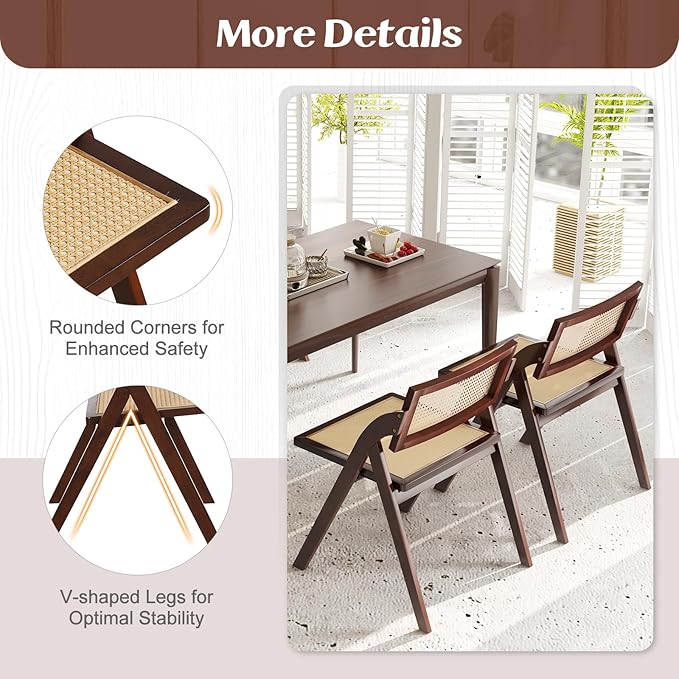 Giantex Folding Dining Chairs Set of 2, Wooden Folding Chair with Rattan Backrest & Seat, Sturdy Rubber Wood Frame, Armless Accent Chairs for Living Room, Kitchen, Wedding Party, No Assembly, Brown