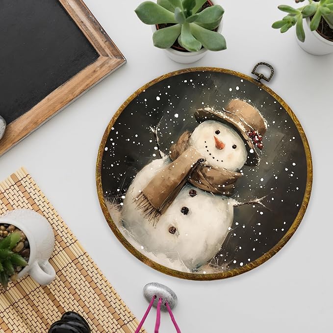 XPH Vintage Moody Christmas Snowman Round Wall Art Framed, Rustic Farmhouse Winter Circle Wall Decor, Cozy Winter Snowman Hanging Canvas Prints for Home Bedroom Living Room Decoration, 10x10 Inch