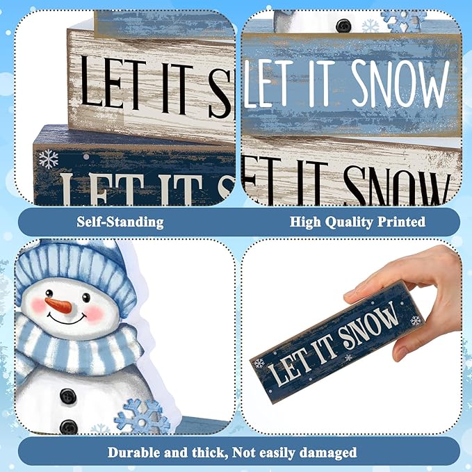 4 Pcs Christmas Table Decoration Wooden Snowman Winter Tiered Tray Decor Christmas Centerpiece Decorative Snowman Block Sign Gift Winter Decoration for Home Kitchen Shelf Office