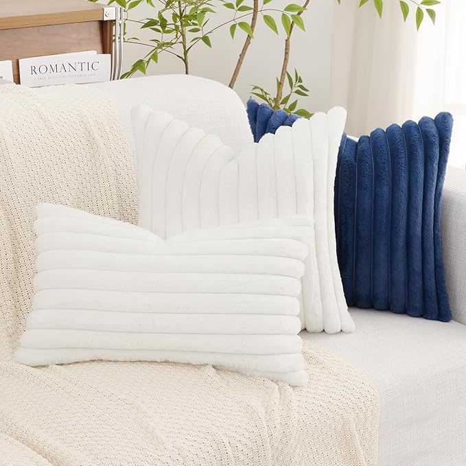 decorUhome Faux Fur Christmas Throw Pillow Covers 20x20 Set of 2, Decorative Soft Plush Striped Neutral Couch Euro Pillow Covers with Velvet Back for Sofa, Bed, Living Room Home Decor, White