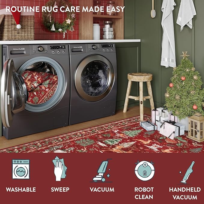 Lahome Christmas Runner Rug 2x10 Red Hallway Runner Rug,Kitchen Runner Rugs Non Skid Washable,Soft Christmas Tree Santa Claus Bathroom Carpet Runner for Entryway Bedside Holiday Decor(2'x10',Red)