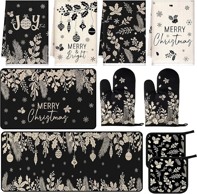 10 Pcs Christmas Kitchen Decor Set Kitchen Towels and Rugs Oven Mitts Pot Holders Absorbent Towels for Baking Cooking BBQ Gifts Home Decor(Black and Gray,Pine and Holly)