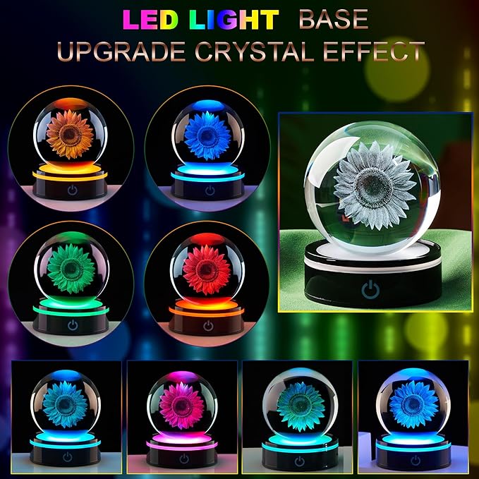 3D Crystal Ball Statue with LED Color Changing Base, Suitable for Daughters, sons, Mothers, Girlfriends, Birthdays, Friends, Colleagues, Wives' Gifts, Love Sunflower Ornaments and Decorations