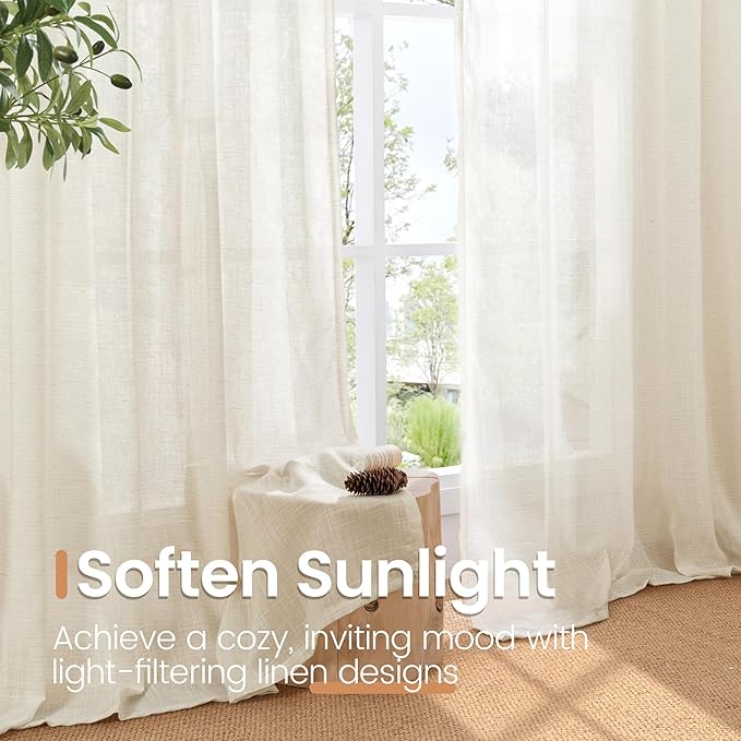 BGment Semi Sheer Linen Curtains 48 Inch Length for Windows, Beige Drapes Light Filtering for Short Bedroom Farmhouse Bathroom Cafe Decor Rustic Lightweight Rod Pocket, 2 Panels Set, 42 Inch Wide
