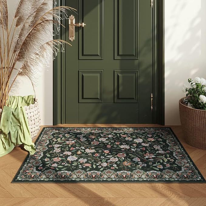 Rugcomf 2'x3' Entryway Rug - Paisley Pattern, Door Mat Indoor Entrance, Floral Vintage, Machine Washable, Non-Slip Low Pile Area Rug for Kitchen, Front Door, Kids Room - Green
