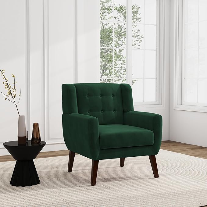 UIXE Velvet Accent Chairs Set of 2, Modern Arm Chair Upholstered Living Room Armchair, Comfy Button Tufted Reading Seat Bedroom Side Sitting, Retro Green