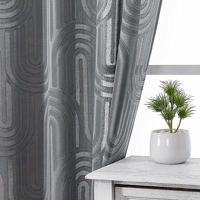 Simplebrand Charcoal Grey Sheer Curtains 45 Inch Length 2 Panels, Geometric Mid Century Jacquard Clip Textured Short Curtains for Bedroom, Light Filtering Rod Pocket Curtains, 42Wx45L Inches